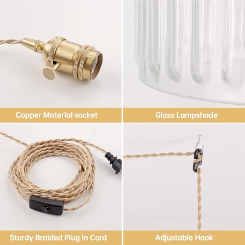 Image of Shenmoyl Plug in Pendant Light Hanging Light Fixtures with Plugin Cord On /Off Switch,Clear Striped Glass Lampshade Brass Pendant Light