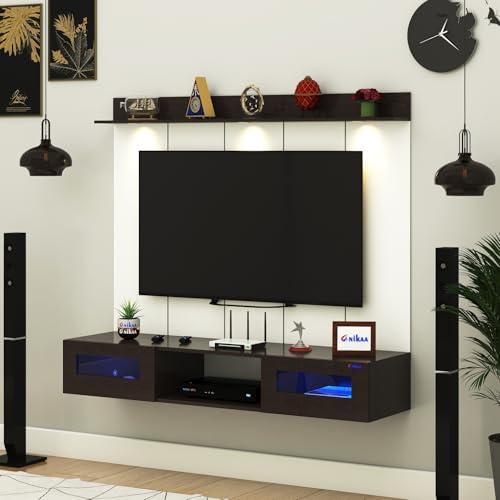 Image of Anikaa Orilo Wall Mounted PVC Back Panel TV Unit with Spot & Blue Ambient LED Light - Acrylic Storage Box, Display Shelf & Soft-Close Hinges | Ideal for UP to 50 Inch TV (Wenge - DIY Installation)