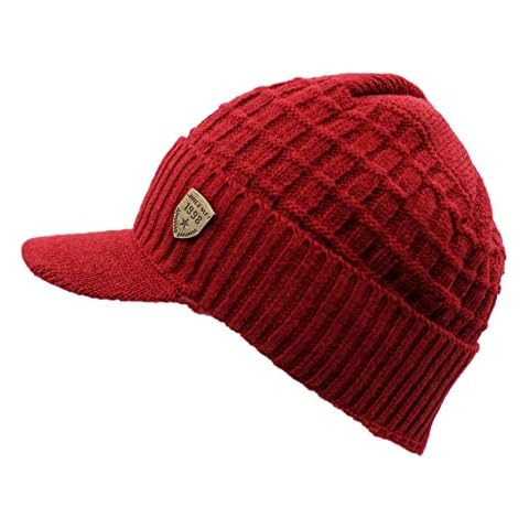 LLmoway Women Men Winter Warm Hat Fleece Lined Cuff Knit Beanie Chunky Ski Skull Cap with Visor Red Cover