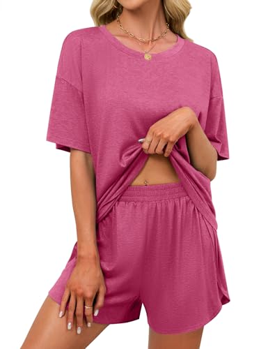 Image of JUSTFASHIONNOW Womens Pajama Sets Shorts Striped Print Two Piece Lounge Sets Crew Neck Sleepwear Split Shorts Set Soft Pjs