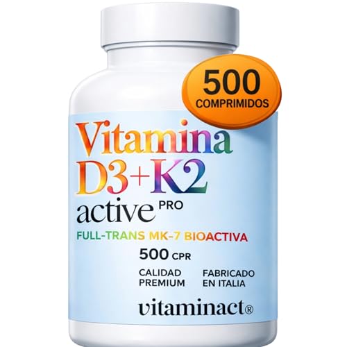 Vitamina D3 y K2 MK7 99,9% All-Trans – 2000 UI – 500 Comprimidos Fáciles de Tomar – Alta Biodisponibilidad – Alta Pureza, Sin Dióxido de Silicio ni Aditivos – Formato Ahorro 16 Meses.