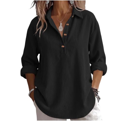 Corduroy Shirt Women Comfy Half Button Long Sleeve Henley Neck Tunic Tops | Black Womens Corduroy Shirt Cotton Fall Knited Flannel Henley Neck Ribbed Loose Fit Tunic Tops Casual Workout Shirts - image 2