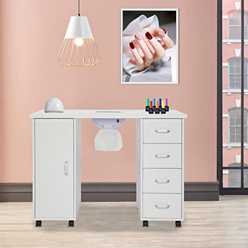 Winado Manicure Nail Table Station, Salon Spa Nail Desk With Electric Downdraft Vent, Locking Castors, 2 Layers Storage Cabinet, 4 Removable Drawers, White #TOP7