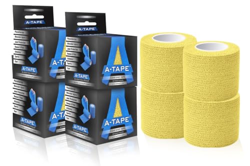Image of A-Tape Breathable Self Adhesive Cohesive Bandage Wrap - Athletic Non-Woven for Sports, Medical Use, Injuries, Knee & Wrist Support - Suitable for Humans & Pets (Yellow, 5cm Pack Of 4)