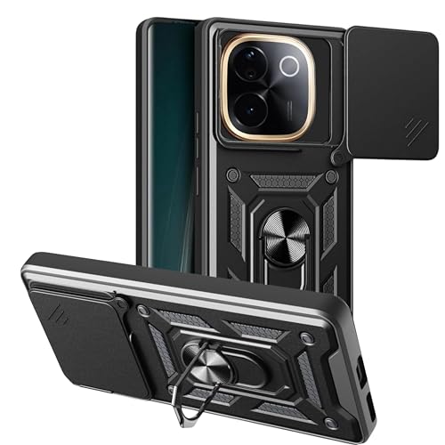 Image of SPAZY CASE iQOO Z9s Pro 5G / Vivo T3 Pro 5G Back Cover | Heavy Duty Hybrid Case with 360 Degree Rotating Finger Ring Holder + Slider Shutter Camera Protection Case - Black