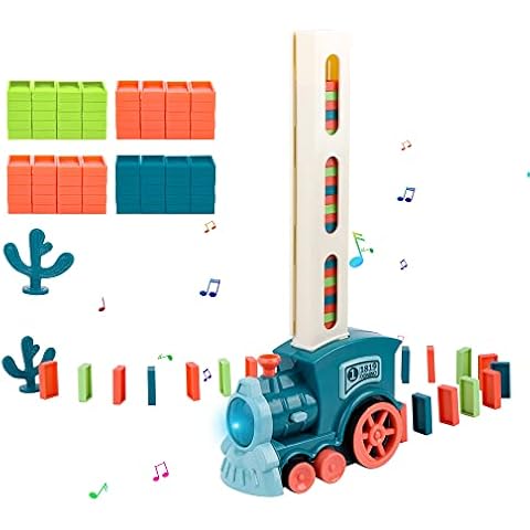 QKTYB Domino Train Blocks Set, Electric Domino Train Toy with 80 Pcs Domino Blocks Automatic Domino Laying Train with Light and Sound Educational Construction and Stacking Toys for Boys Girls Aged 3+ Cover