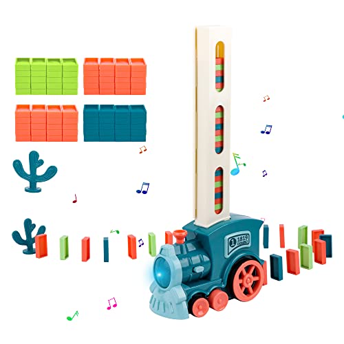 QKTYB Train électrique Domino avec 80 Pièces Domino Blocks Jouets De Train Domino avec lumières et Musique Jeu de Distribution de Rallye Automatique Jouets Educatifs pour Enfants de Plus de 3 Ans
