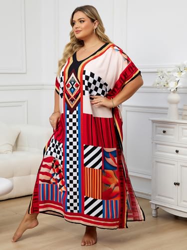 Image of KECVOT Kaftan Dresses for Women V-Neck Print Swimsuit Cover Up Plus Size Beach Caftan Lounge Dress