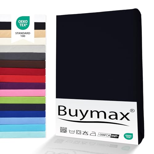 Buymax® Sábana Bajera Ajustable 140x200 cm – 100% Algodón Jersey, Bolsillo Profundo 30 cm con Goma Elástica, Negro