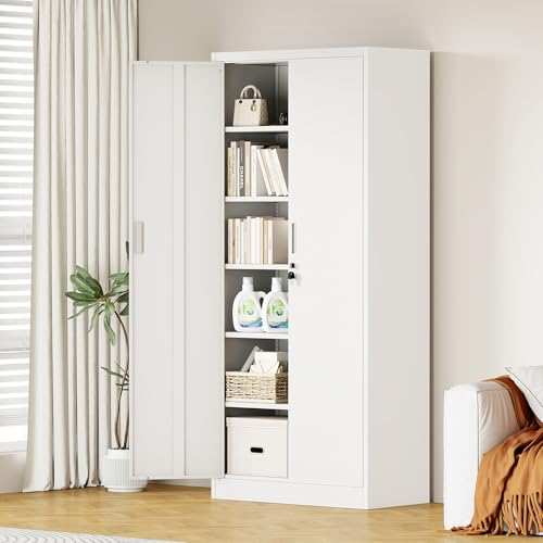 Aktenschrank Büroschrank Lagerschrank Metallschrank Stahlschrank, Aufbewahrungsschrank aus Metall mit verschließbaren Türen und 5 verstellbaren Regalen 180x80x40cm (Weiß)