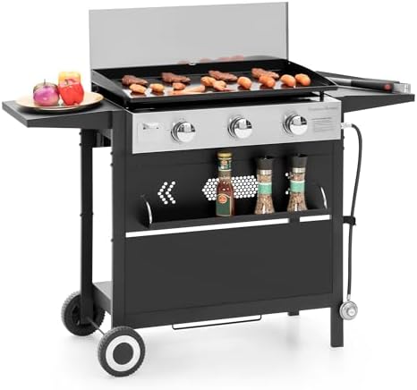 Captiva Designs 27 in Flat Top Griddle Grill with Ceramic Coated Cast Iron Pan, 3-Burner Propane Gas Griddle Grill, 33,000 BTU Output Flattop Grills for Outdoor Barbecue, Cooking and Party