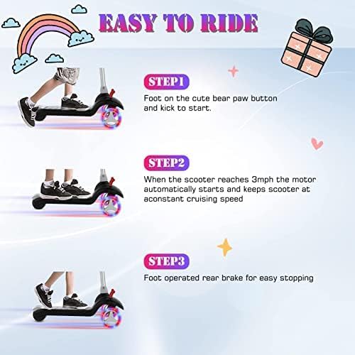 Miniatura 8 de Patinete eléctrico para niños, ruedas con luz LED, 3 alturas ajustables, mango en forma de C, diseño de dirección inclinada, scooter de 3 ruedas