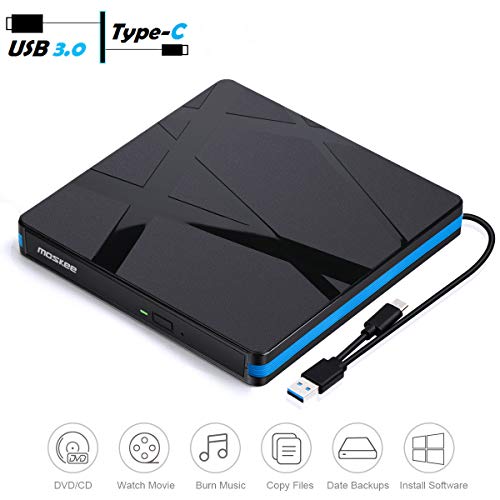 External CD DVD Drive, MosKee USB 3.0 USB-C Portable VCD/CD/DVD Drive CD/VCD Rewriter