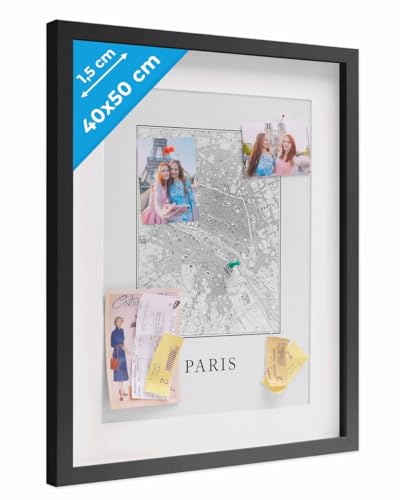 PHOTOLINI 3D Marco de fotos 40x50 cm para rellenar, negro, marco con profundidad para objetos de hasta 1,5 cm, madera MDF con paspartú y cristal - para manualidades y como regalo