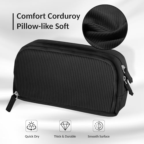Image of Sooez Big Capacity Pencil Case Pen Pouch, Soft Corduroy Pencil Bag with 3 Compartment, Multiple Pockets, Sturdy Zipper, Cute School Supplies Pen Bag Organizer For Teen Girls College, Black