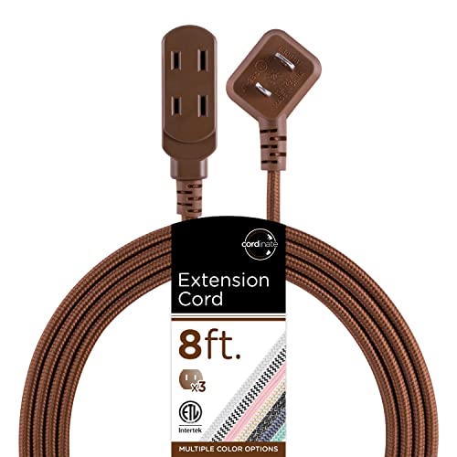 Cordinate Designer 3-Outlet Extension Cord 2 Prong Power Strip Extra Long 8 Ft Cable with Flat Plug Braided Chevron Fabric Cord Slide-To-Lock Safety Outlets Solid Brown 39982
