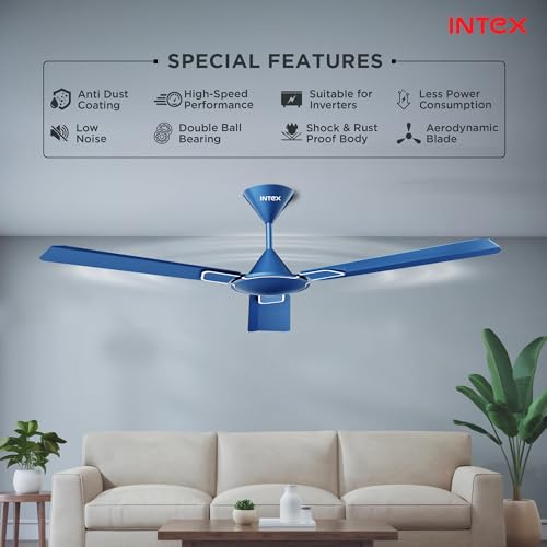 Image of Intex Opulux 1200MM Ceiling Fan 3 Blade 360 RPM | High Speed Motor 230 CMM | Air Delivery 52W Power, Anti Dust Coating Inverter Compatible | 3 Speed Control 24 Month Warranty (Night Blue)