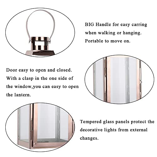 JHY DESIGN Stainless Steel Lanterns, 31.5cm High Candle Holders with Tempered Glass Outdoor Candlesticks for Garden Indoor Parties Weddings Vintage Hanging (Rose Gold) - Cosy Home Interiors JHY DESIGN Stainless Steel Lanterns, 31.5cm High Candle Holders with Tempered Glass Outdoor Candlesticks for Garden Indoor Parties Weddings Vintage Hanging (Rose Gold) - Image 3