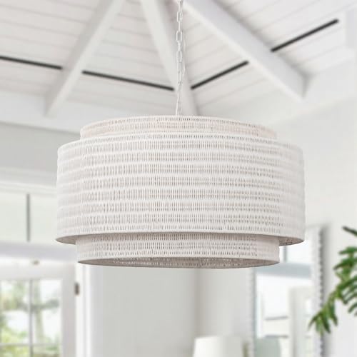 Maxax White Rattan Pendant Light Fixture, 28" Large Coastal Drum Chandelier, 3-Tier Woven Wicker Hanging Ceiling Lamp for Bedroom, Living Room
