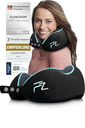 FLOWZOOM Comfy Nackenkissen für Flugzeug & Auto - Einstellbares Memoryschaum Nackenhörnchen mit flexiblen Druckknöpfen für 360° Stütze,...