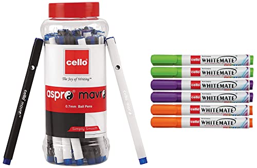 Image of Cello Aspro Mavro Ball Pen (25 Pens Jar - Blue) Whitemate Whiteboard Markers