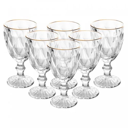 Jogo de 6 Taças de Vidro Diamond Transparente Com Borda De Ouro 330ml Design Elegante e Resistente Ideal para Suco Água Refrigerante Drinks e Café Transparente para Cozinha Bar e Restaurante