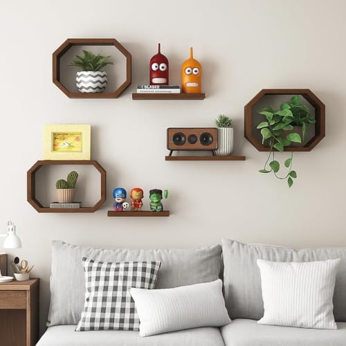 Image of Wall Mounted Floating Shelves Set of 6, Multipurpose Display, Book, Storage & Decor Shelves, Octagon Shape Wooden Wall Shelf for Living Room, Bedroom, Kitchen (Multicolor)
