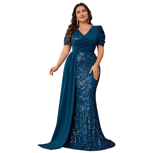 Image of Elegant Women's Formal Dress Wedding Guest Puff Sleeve Mermaid Ball Gowns Court Train Plus Size Sequin Long Dresses