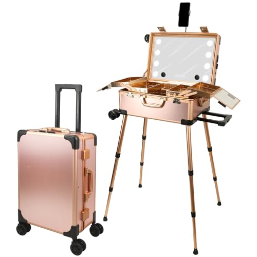 RUKEJUNE Rolling Makeup Case with LED Light Mirror Adjustable Legs Lockable Train Table Studio Artist Cosmetic Carry-on Size Rose Gold