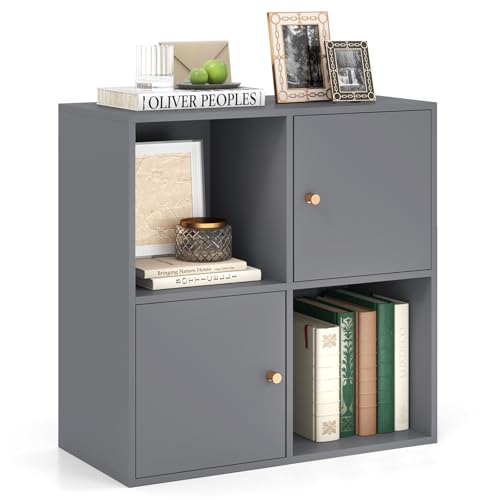 COSTWAY 4-Cube Bookcase, 3-Tier Bookshelf Open Display Shelving Unit with Dual Anti-Tipping Kits and 2 Cabinets, Wooden Display Shelf Storage Organizer for Home Office, Living Room & Bedroom (Grey)