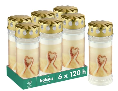 Bolsius Grablicht - Weiß - Set 6 Stück - Länge Brenndauer 120 stunden- Trauerkerze & Gedenkstätte Kerzen - mit Motiv - Kranz - Unparfümierte - Ohne Palmöl - Nr5-7.5 x 16.5 cm