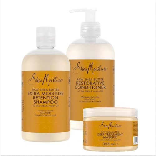 SheaMoisture Shampooing, Après-shampooing et Masque de Traitement en Profondeur pour cheveux abîmés Beurre de Karité Brut Shampooing 1x384 ml, Après-shampooing 1x384 ml, Masque de traitement 1x355 ml