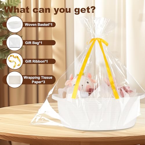 Image of OIAHOMY Gift Basket with Handle, 15.4 inchx 11.4 inchx 6.7 inch Woven Basket with Gift Bag, Ribbon and Wrap Tissue Paper, Nursery Bins Empty to Fill with Towels, Baby, Pet Toy Organizer - White