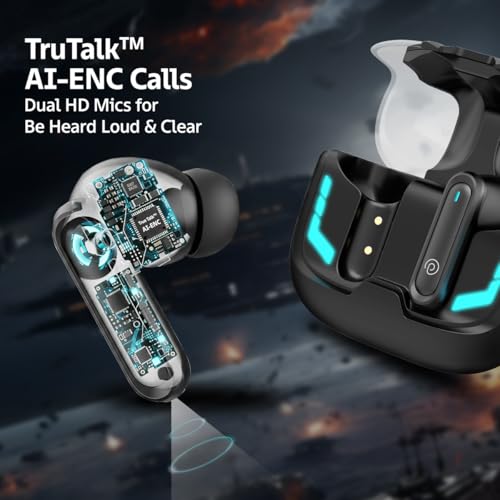 Image of pTron Bassbuds Turbo in-Ear TWS Earbuds w / 40ms Low-Latency, 50Hrs Playtime, Custom EQ, App Support, Dual Mic, TruTalk AI-ENC Calls, Immersive Sound, RGB Lights, Bluetooth V6.0, IPX5 (Raven Black)