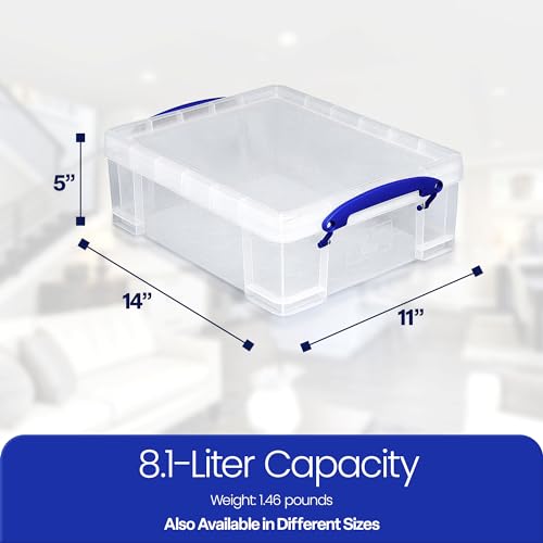 Image of Really Useful Box 4 Pack Storage Bins, Clear Plastic Stackable Organizing Totes, 8.1 Liter