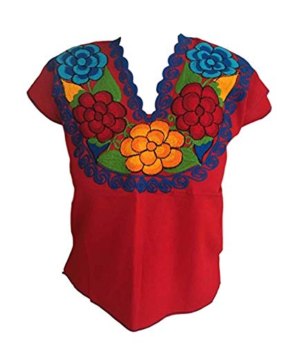 Floral Mexican Blouse - Embroidered - Authentic - Handmade - Cotton - Red (Large)