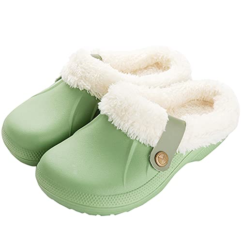 Kinengxi Chaussons Femmes Hiver Sabots Fourrées Chaude Peluche Pantoufles Maison Imperméables Slippers Chaussures de Jardin, Vert, 36/37 EU, Taille du Fabricant 37/38