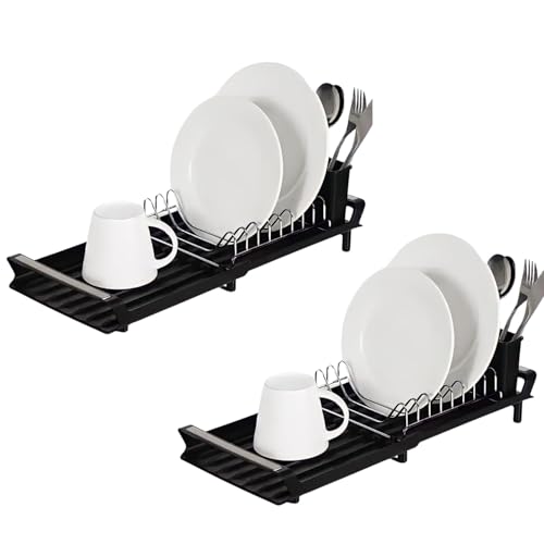 Image of HomeCloud Dish Drying Rack, Kitchen Counter Small Dish Drainers Rack Expandable(31cm to 47cm) in Sink Dish Drying Rack Auto-Drain Compact Stainless Steel Dish Strainers with Utensil Caddy (Black)