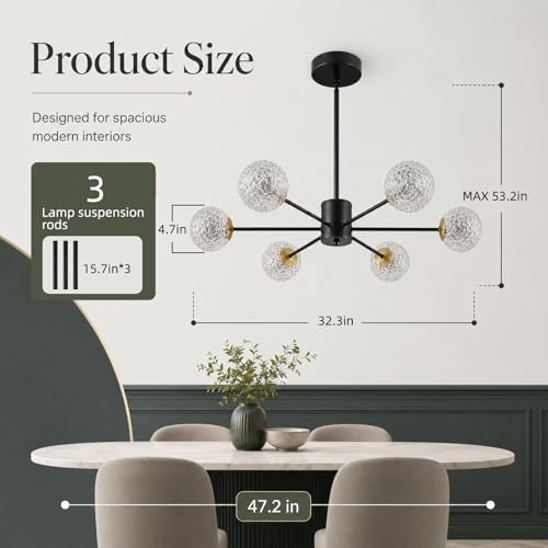 Image of Modern Sputnik Chandelier,6-Light Black Chandelier with Glass Shades, mid Century Semi Flush Mount Ceiling Light Fixture,Pendant Light Fixture for Dining Room,Kitchen Island Bedroom