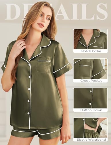Image of Silk Pajamas for Women Short Sleeve Sleepwear Soft Button Down Loungewear 2 Piece Satin Pjs Shorts Set S-XXL