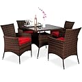 Best Choice Products 5-Piece Indoor Outdoor Wicker Dining Set Furniture for Patio, Backyard w/Square Glass Tabletop, Umbrella Cutout, 4 Chairs - Red