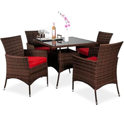 Best Choice Products 5-Piece Indoor Outdoor Wicker Dining Set Furniture for Patio, Backyard w/Square Glass Tabletop, Umbrella Cutout, 4 Chairs - Red