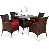 Best Choice Products 5-Piece Indoor Outdoor Wicker Dining Set Furniture for Patio, Backyard w/Square Glass Tabletop, Umbrella Cutout, 4 Chairs - Red