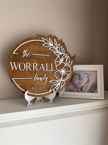 Image of Personalized Wooden Name Plate, Monogram Family Sign with Couples Names, Custom Name Sign, Established Date Plaque (30 x 30 cm)