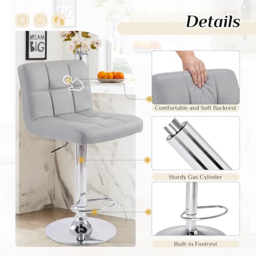 Image of DUMOS Bar Stools Set of 2, 24 inch Counter Height Bar Chairs, Upholstered Modern Kitchen Barstools with Metal Base, PU Leather Saddle Stools for Kitchen Island, Grey