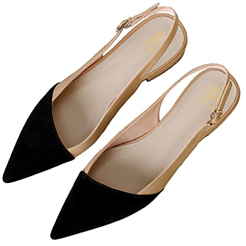 LEHOOR Women Slingback Flats Cap Toe Two Tone Pointed Closed Toe Flat Heel Sandals Pumps Colorblock Buckle Strap Patchwork Slip On Sandals Comfort Chic Office Ladies Summer 4-11 M US