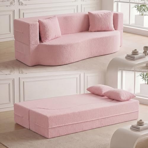 Giantex 75.5 Folding Sofa Bed 2-in-1 Convertible Teddy Fleece Floor Loveseat with 2 Comfortable Pillows No Assembly Needed Modern Sponge Sleeper Couch for Living Room Guest Room (Pink)