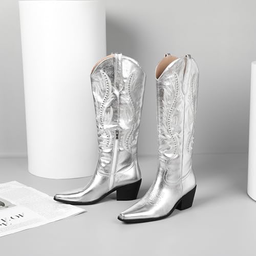 LingxiaUne Red Embroidered Cowboy Boots For Women Stylish Western Cowgirl Boot With Pointed Toe Chunky Block Heel Comfortable Shoes Mid Calf Boot For Party Prom Music Festival Pull On4