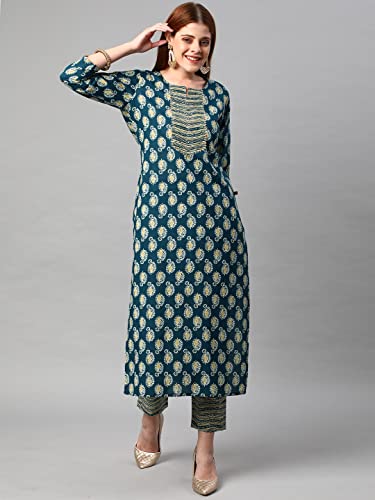 Image of ANNI DESIGNER Women's Cotton Blend Printed Straight Kurta With Pant