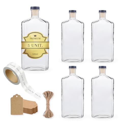 5 botellas de lujo de cristal de 500 ml con tapones encapsulados plateados + 5 etiquetas autoadhesivas + 5 etiquetas Kraft + cuerda para ron, whiskey, licor y preparaciones artesanales